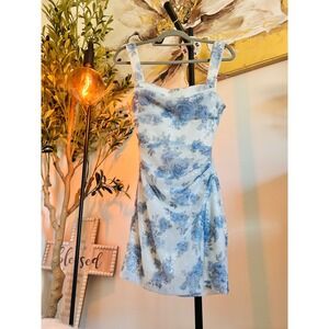 Windsor Blue White  Floral Sequin Ruched Fairycore Mini Dress  Small